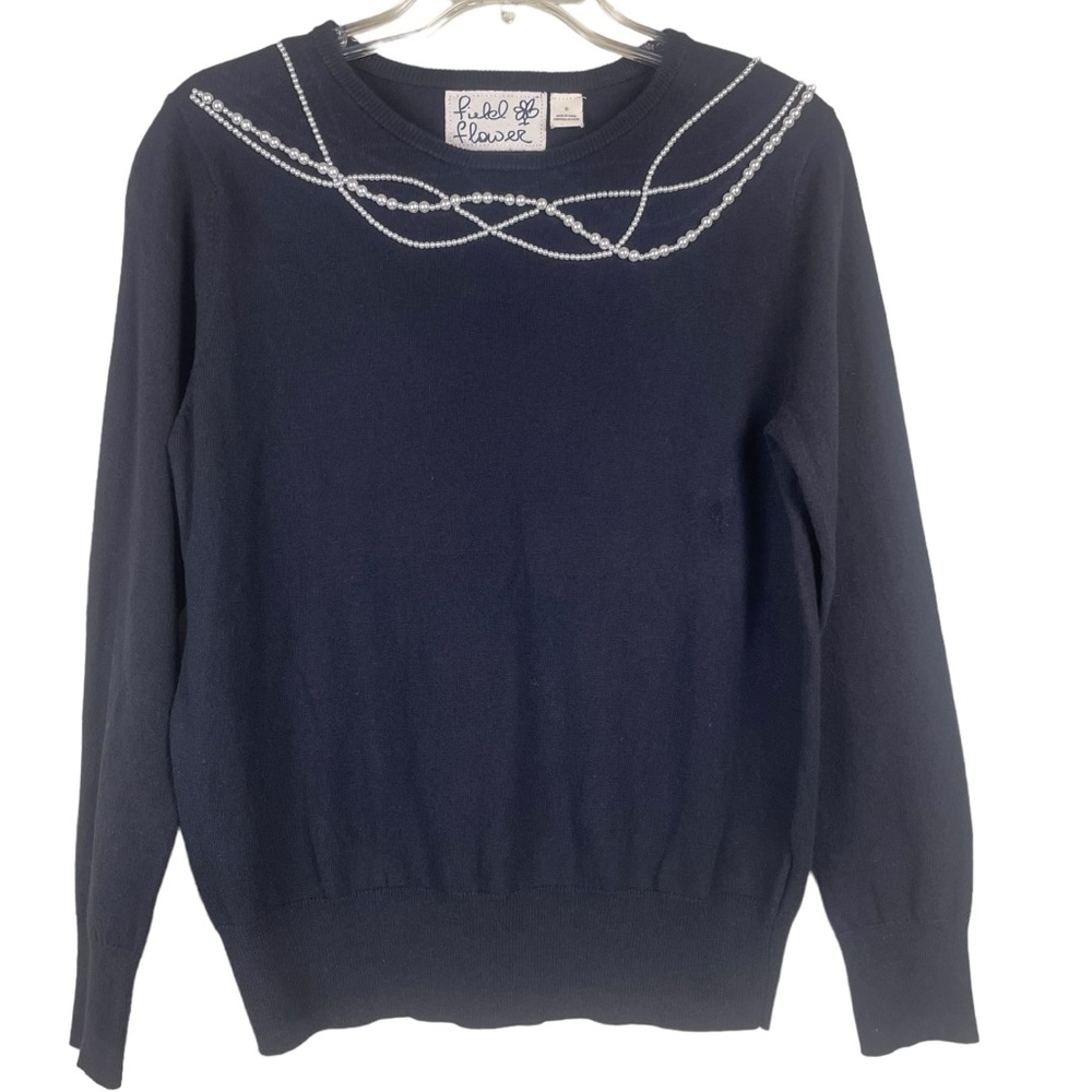 Anthropologie Field Flower Black Cashmere Blend Sweater Pearl Enhancements Sz S